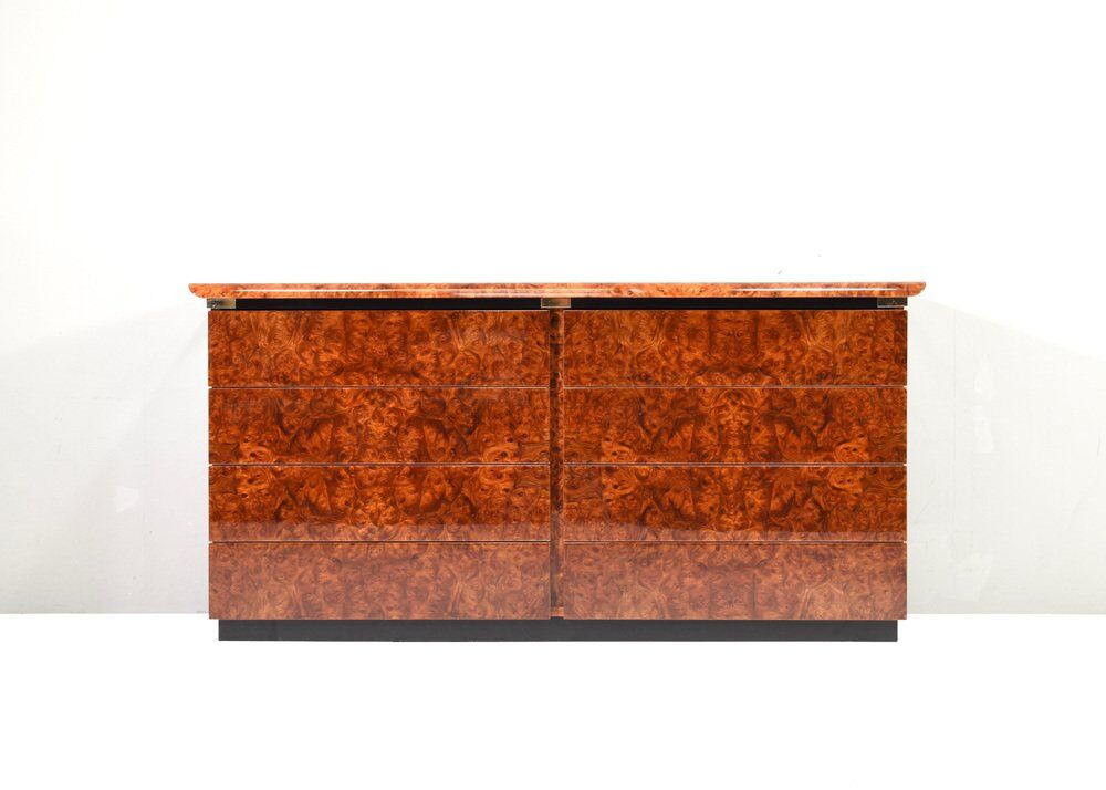 Italian drawer credenza in high gloss burl and brass, Italy, 1970s