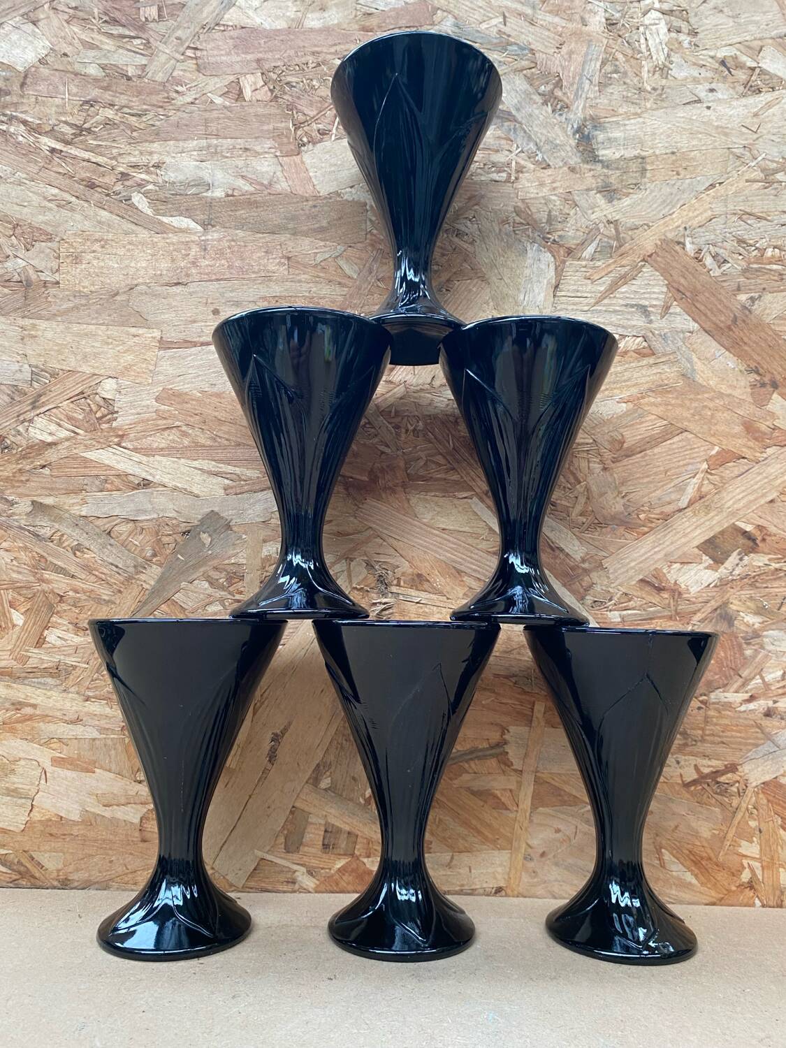 Set of 6 Art Nouveau Ice Cream Cups Black Opaline Glass France Vintage