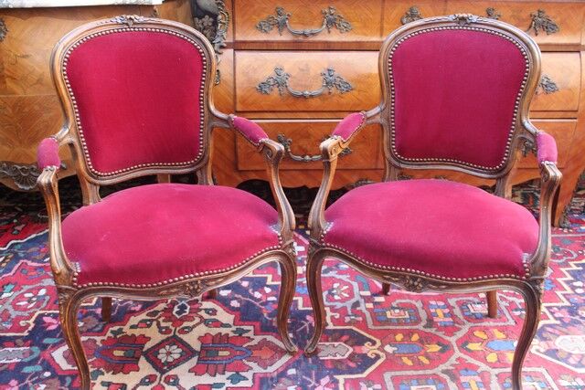 Pair of Louis 15 velvet-style convertible armchairs
