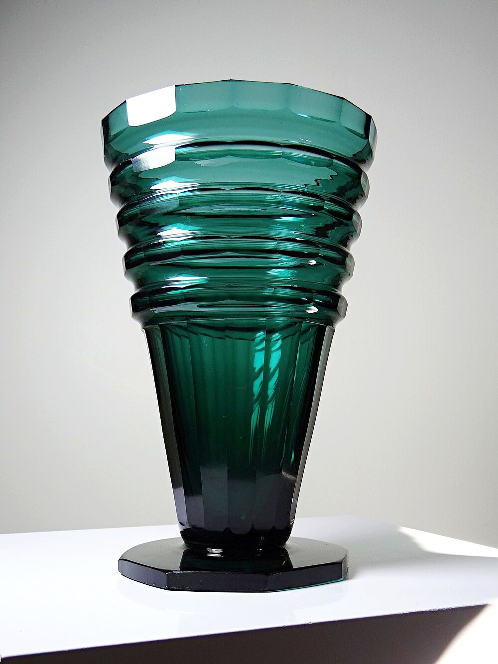 Large antique Art Deco emerald cut crystal vase, Bohemia 1920-1930