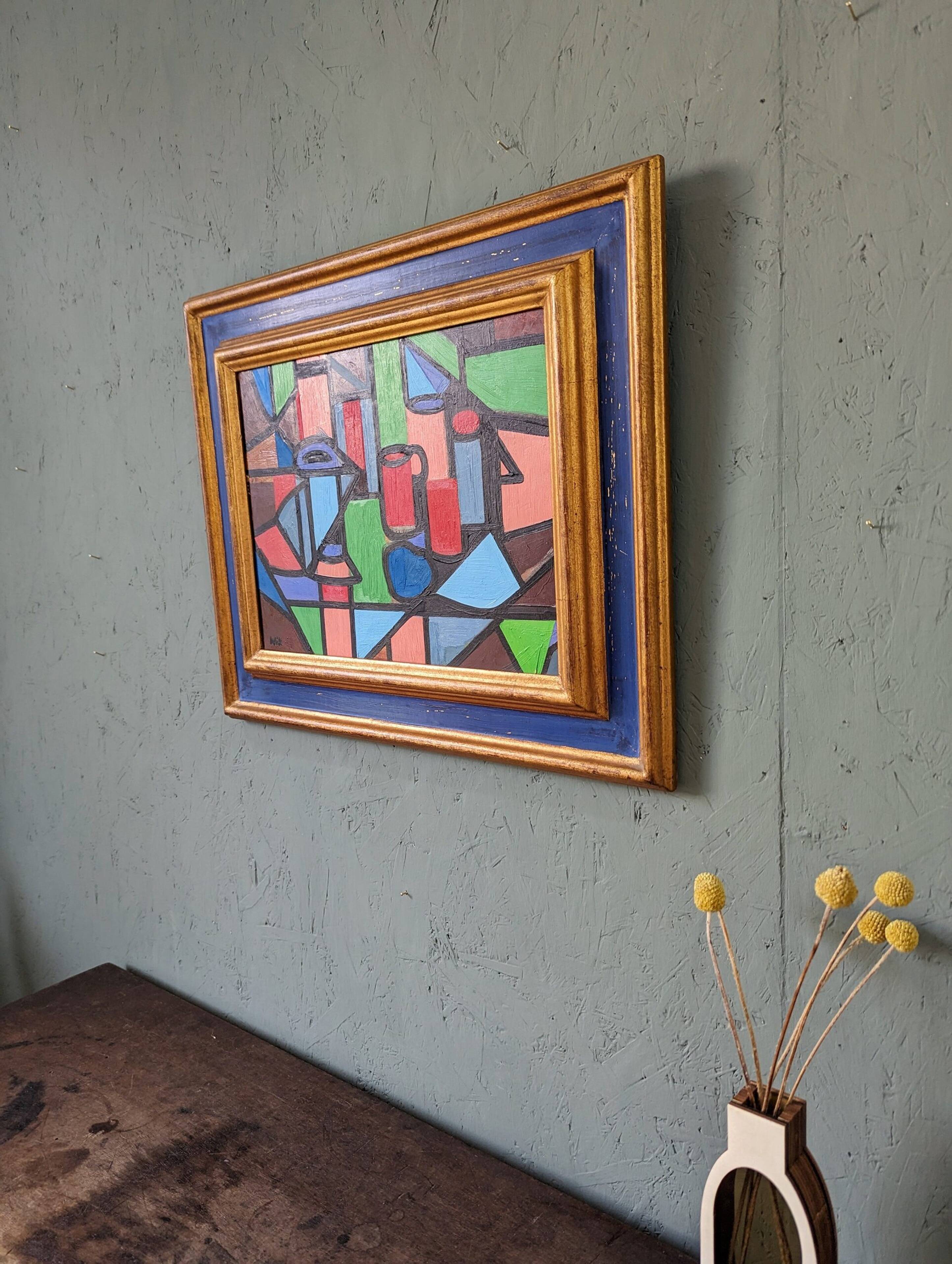 Mid-Century Modern "Geometric Still Life" Vintage Swedish Cubist Still Life Oil Painting, Framed