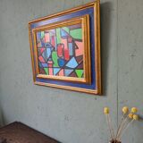 Mid-Century Modern "Geometric Still Life" Vintage Swedish Cubist Still Life Oil Painting, Framed