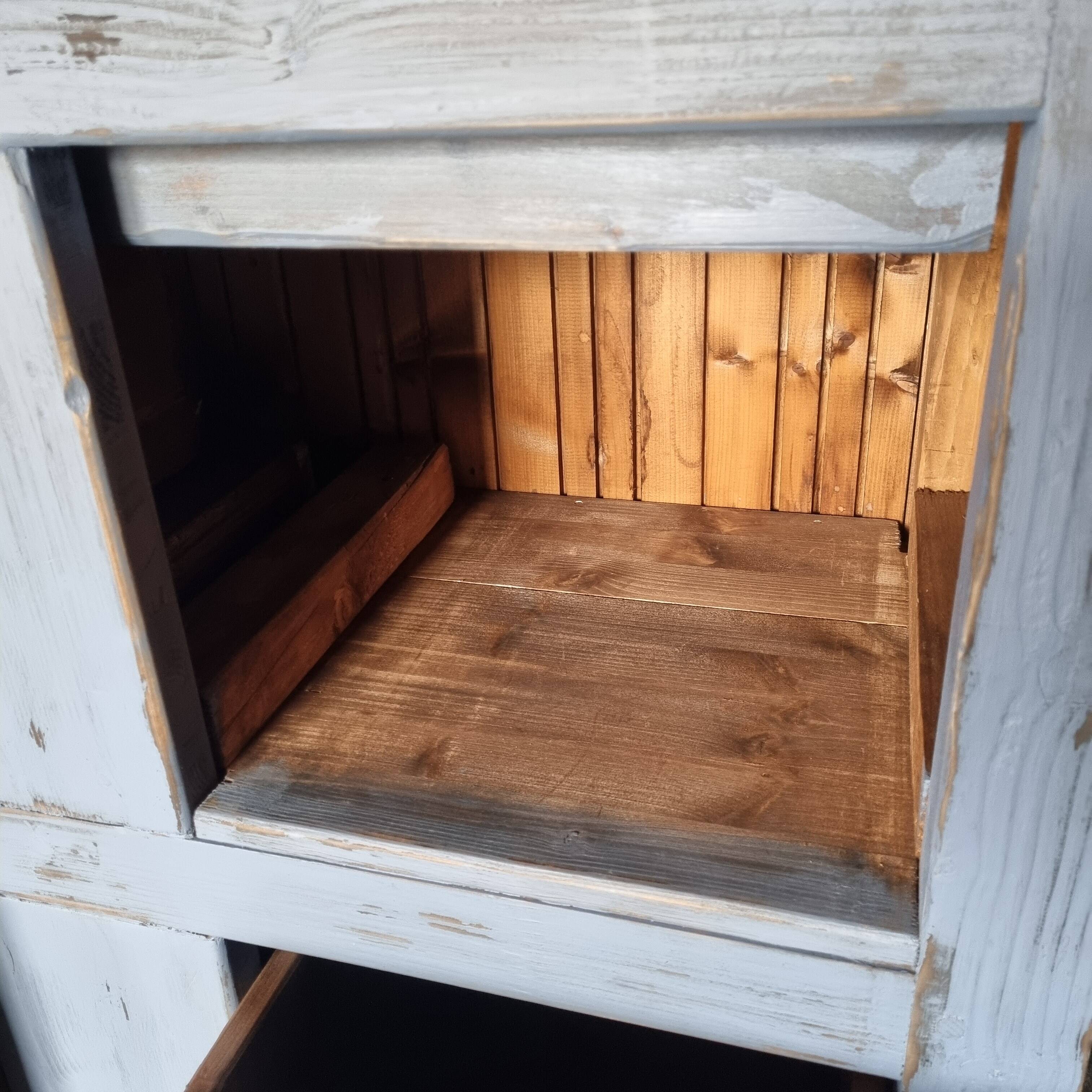 Meuble de metier établi années 40 patiné bleu