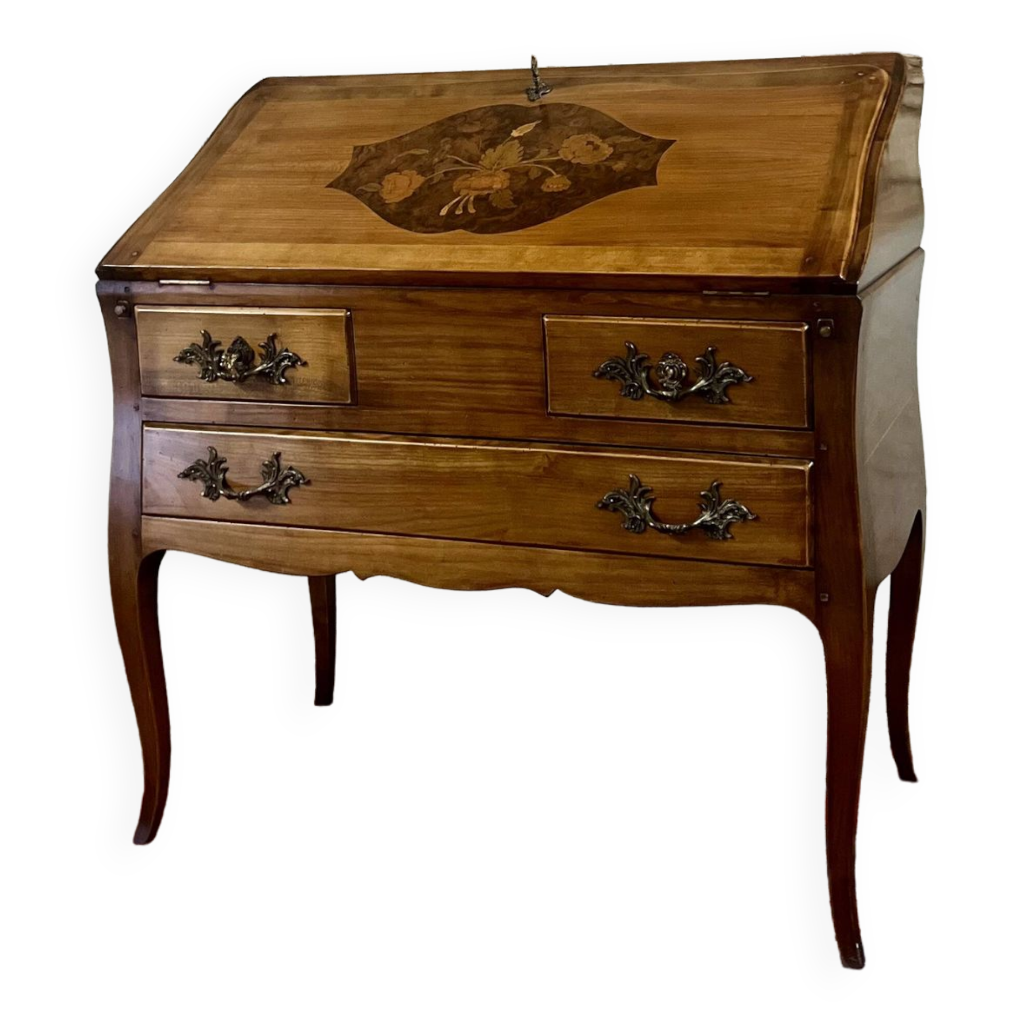 Sloping desk in natural wood and flower marquetry in louis xv style stamped mailfert