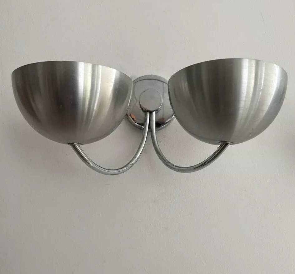 Pair of vintage double wall lights, brushed aluminum and chrome, France 1970