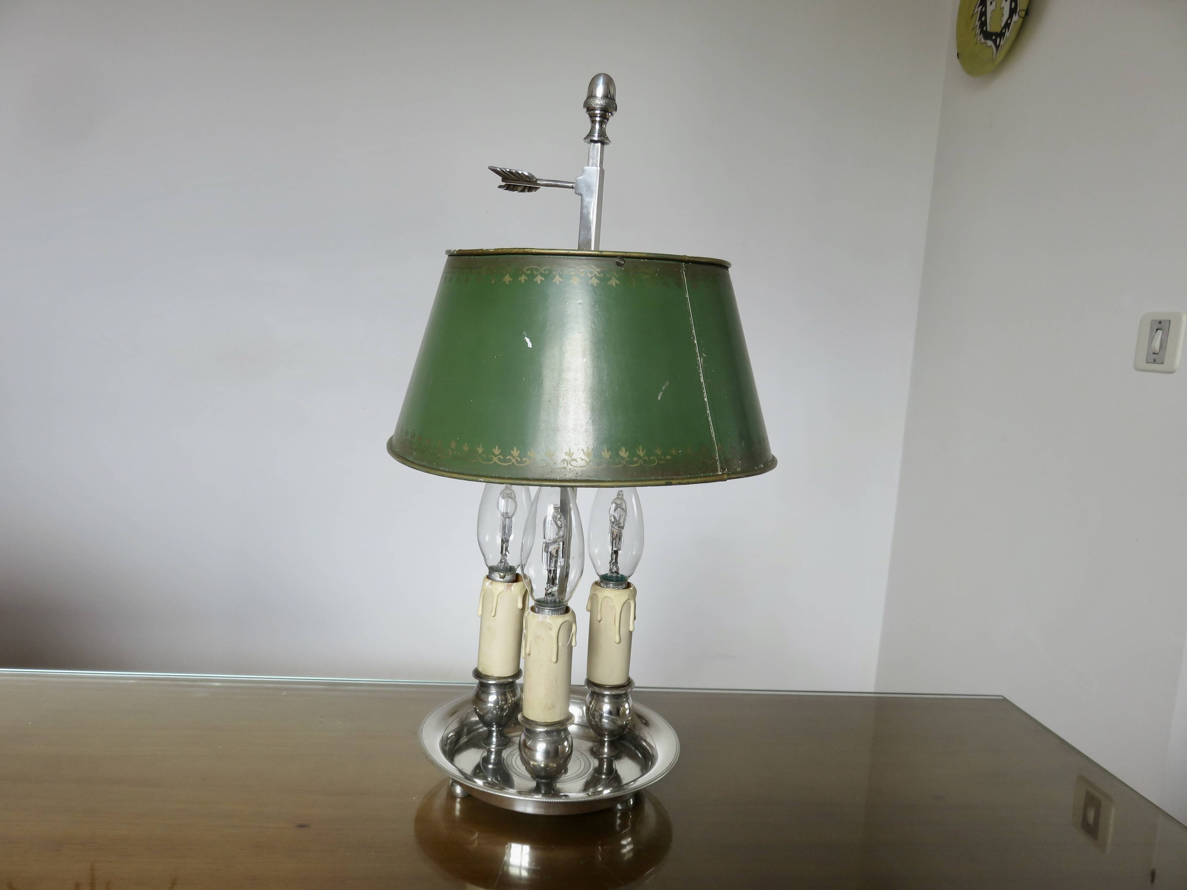 Authentic antique bouillotte lamp in chrome bronze with 3 lights, 1930s.