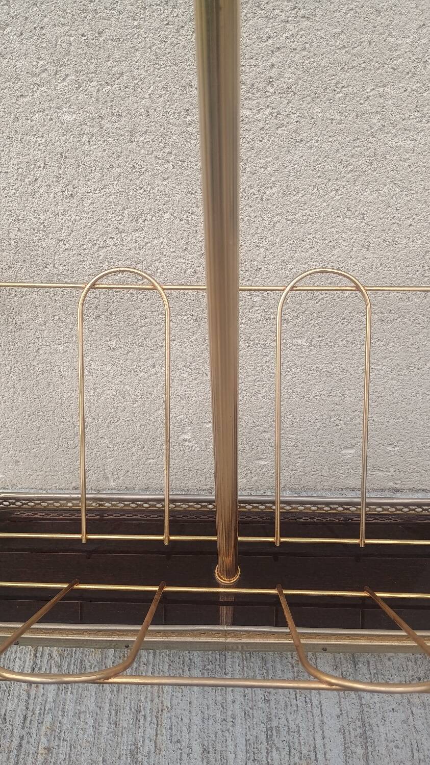 1960s brass folding magazine rack with lacquered wood decoration.