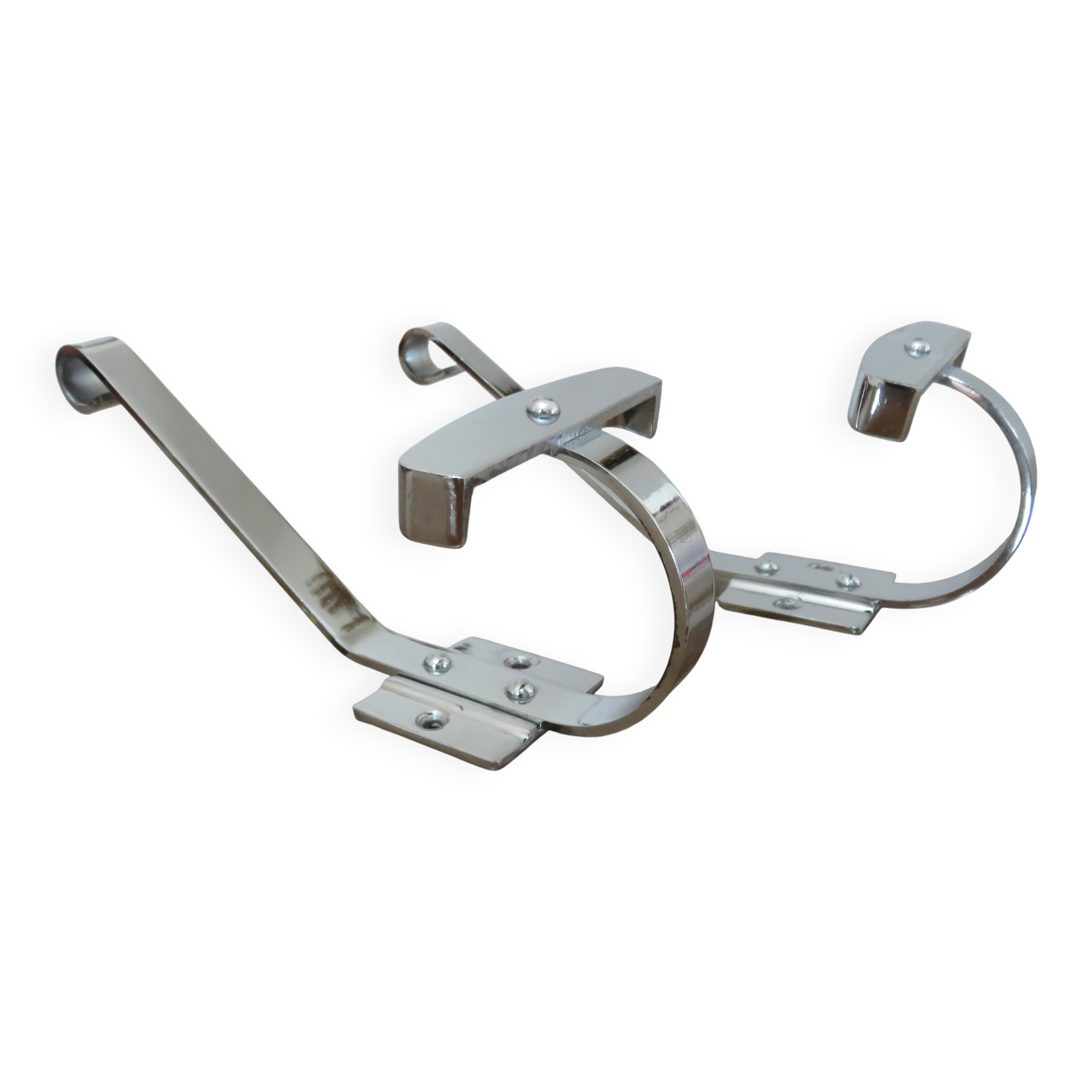 Pair of chrome metal coat hooks from the 1970s.