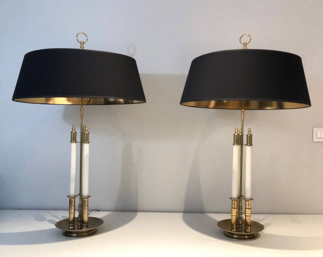 Pair of Brass and White Lacquer Table Lamps, Neoclassical Style, Tr