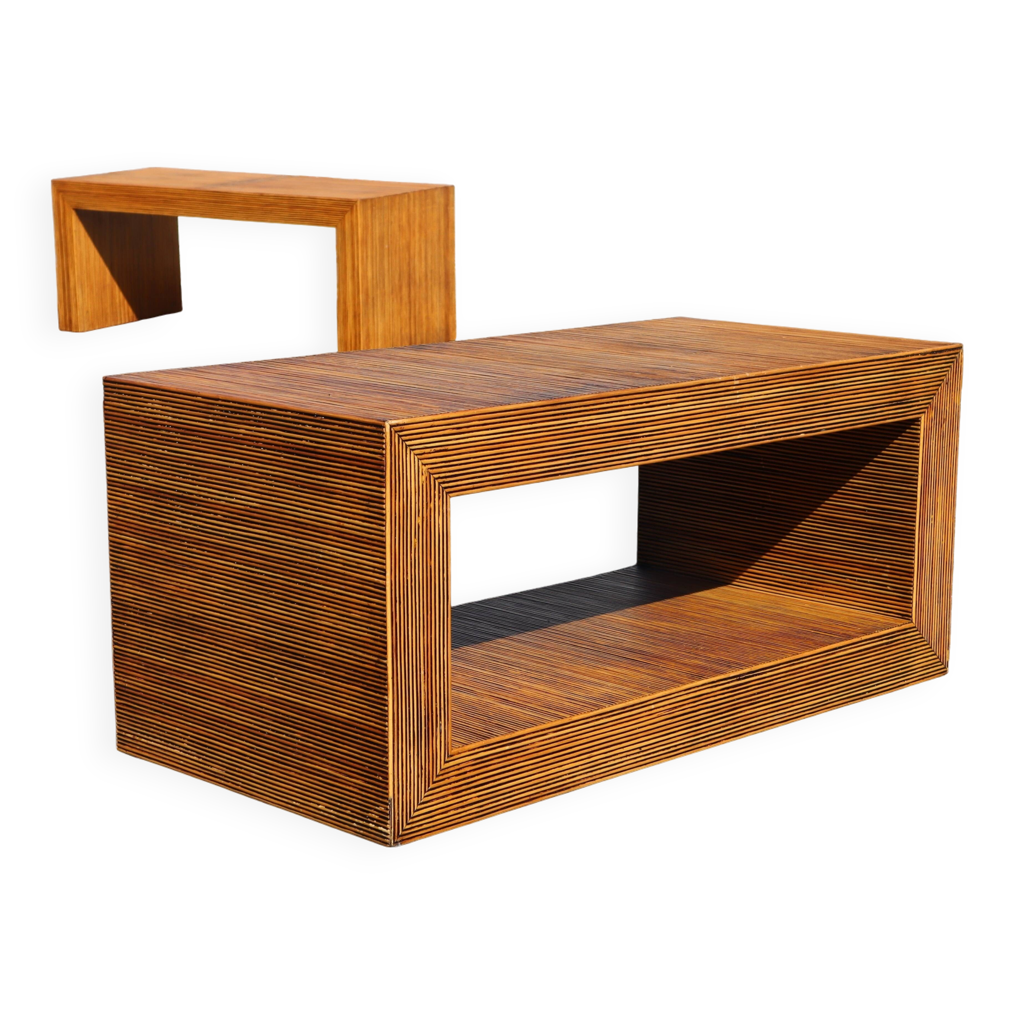 Set French Vintage Rattan Coffee Tables-2 Cuboid Deck Tables-80s