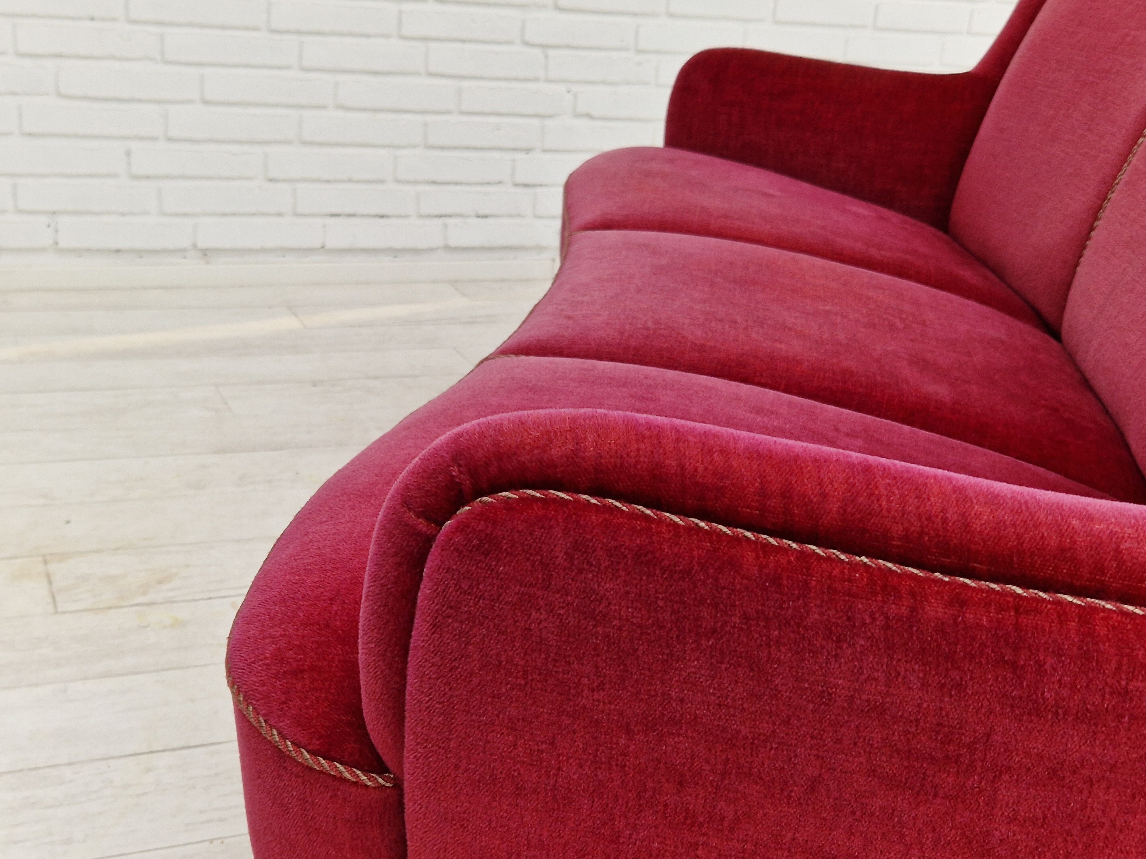 1970s, Danish vintage 2 seater "Banana" sofa, cherry-red velour, original very good condition.