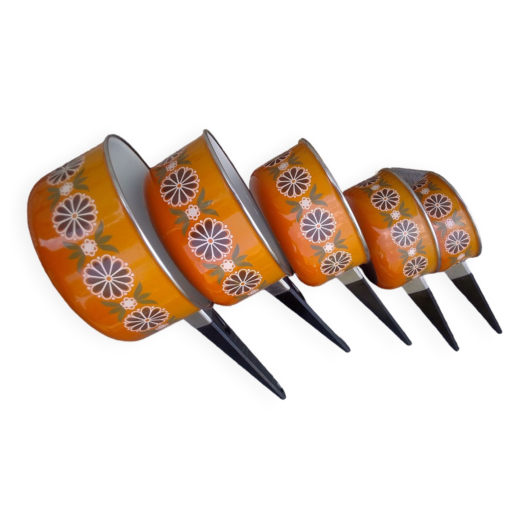 5 orange flower pans enamelled Aubecq