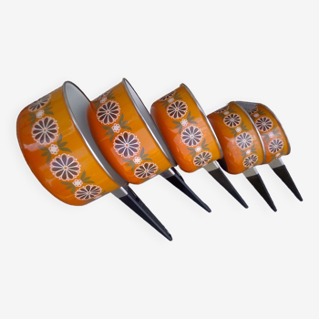 5 orange flower pans enamelled Aubecq