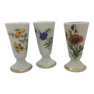 3 mazagrans porcelain of Limoges René Caire decoration flowers of the fields gold net