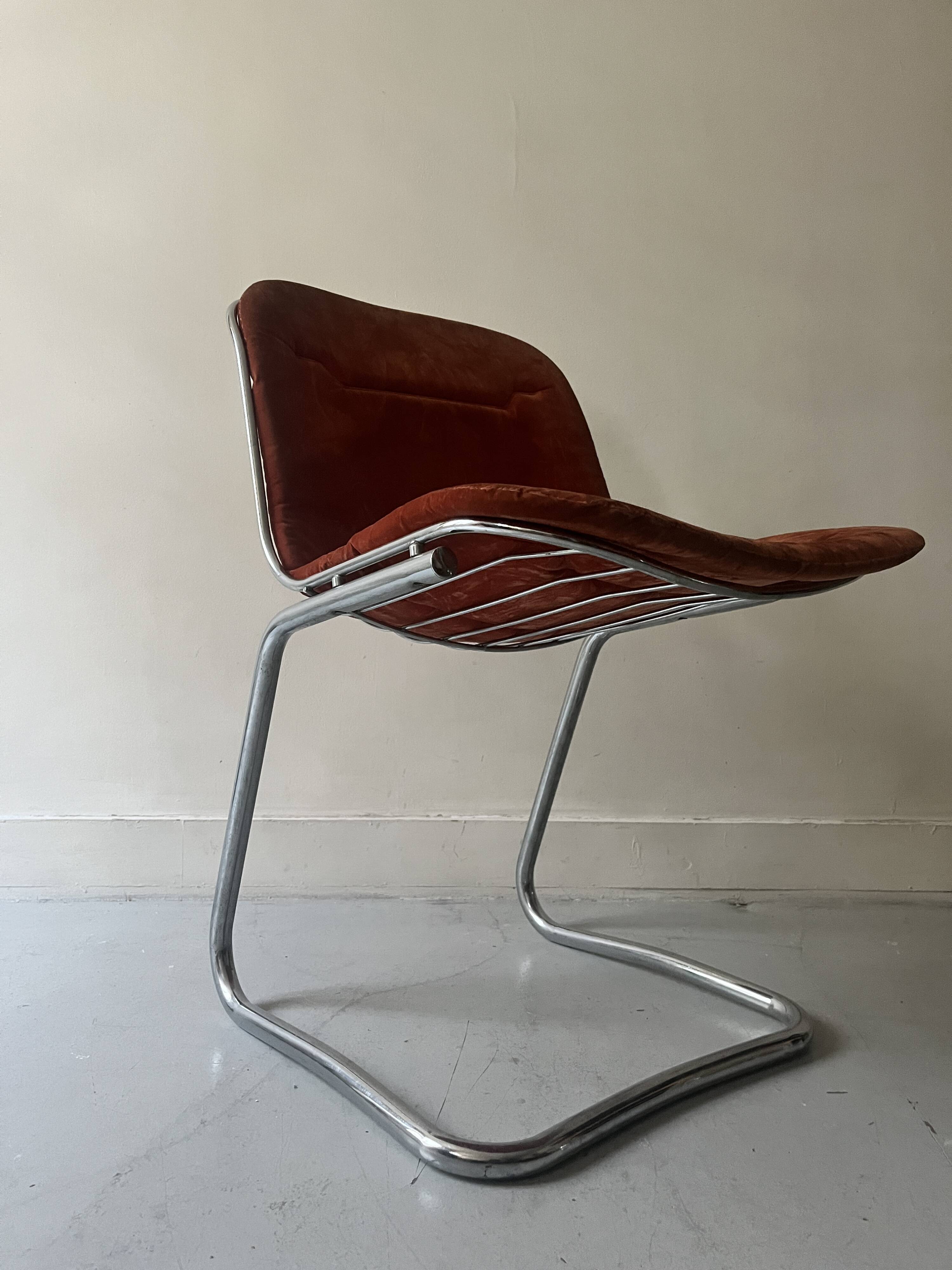 Rinaldi style chair in chromed metal and suede fabric cushion, 1970 design