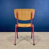 Set of 4 light wood school chairs with fuchsia legs, Netherlands, 1970s
