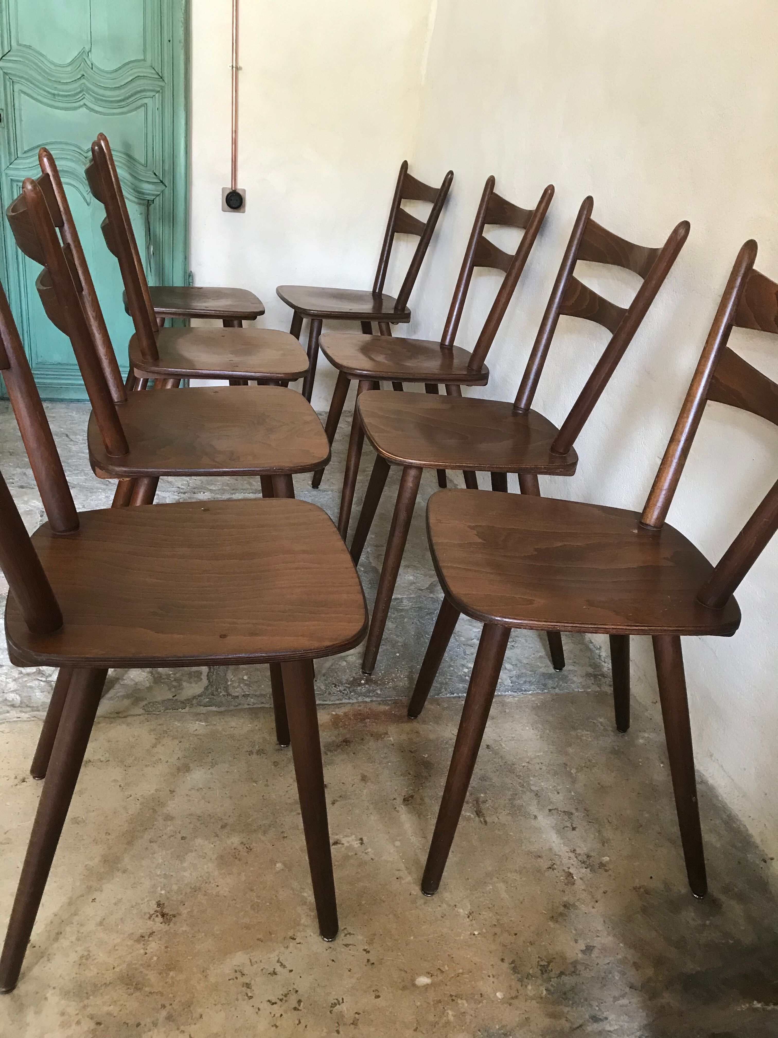 Set of 8 vintage chairs 1960 in beech compass feet