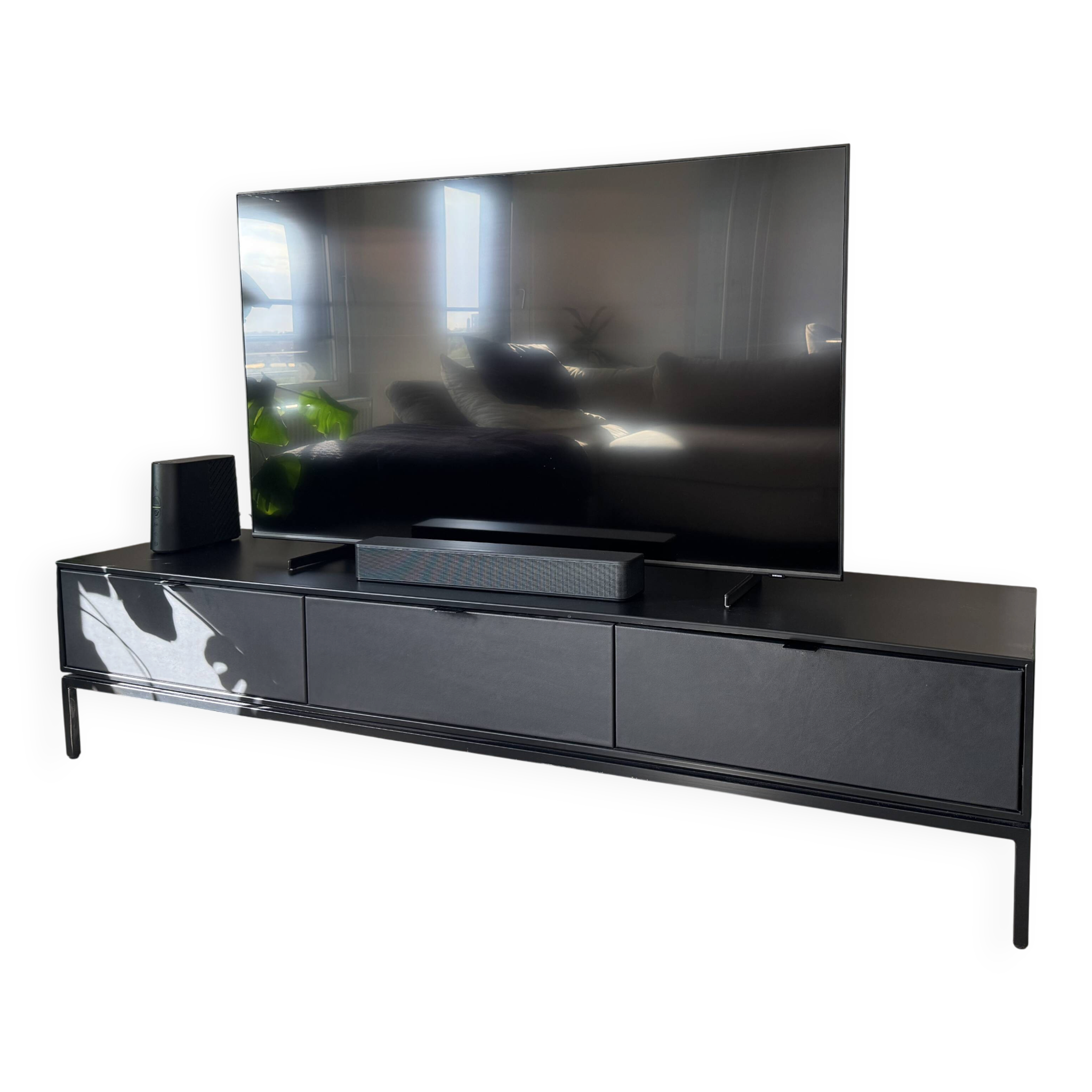 TV cabinet sideboard in metal, steel and leather, Réalto
