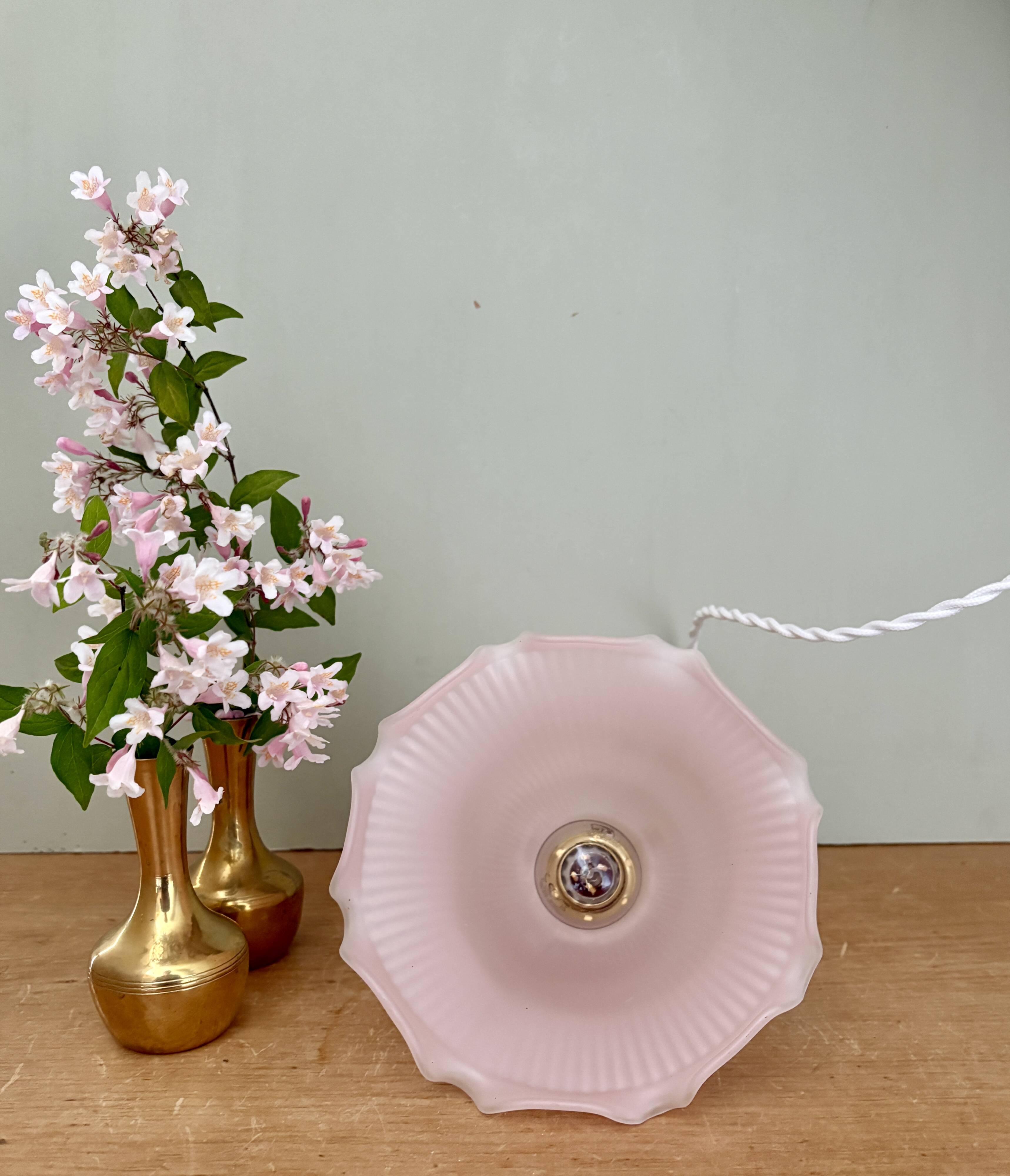 Pendant light, vintage lampshade in pink frosted glass