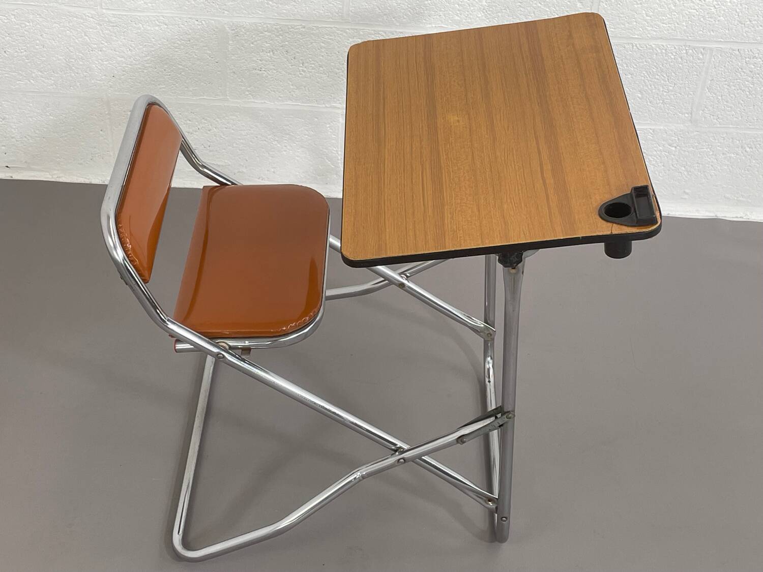 Vintage folding school desk with faux leather seat