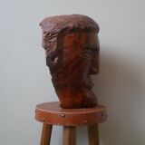 Wooden sculpture ethnic man's head handcrafted tribal decorative object workshop