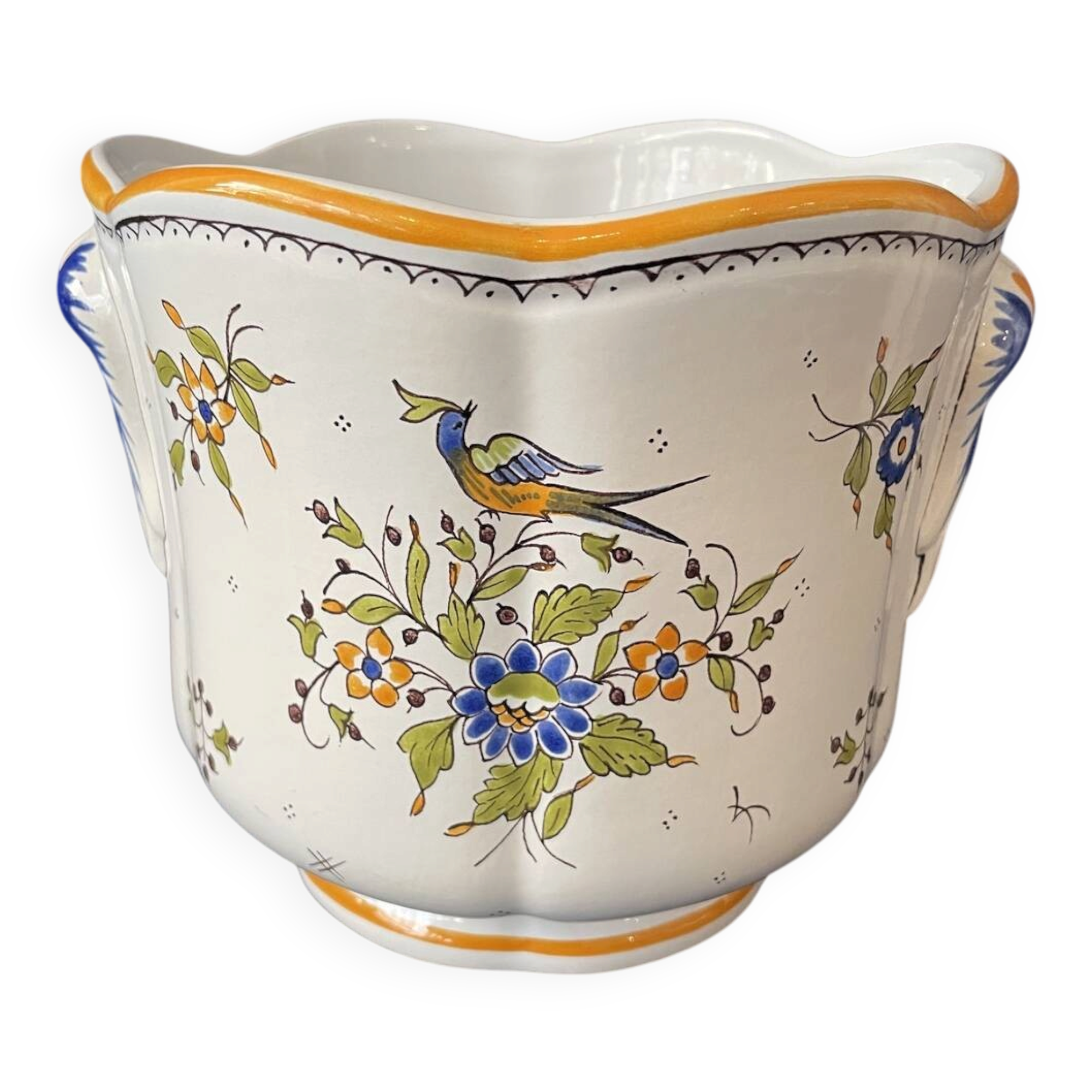 Cache-pot en faïence de Moustiers à décor d'oiseau et floral