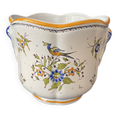 Earthenware cache-pot from Moustiers with bird and floral decoration, interior decor.