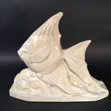 Salt-glazed stoneware sculpture, Roger Guérin, stylised fish, Art Deco