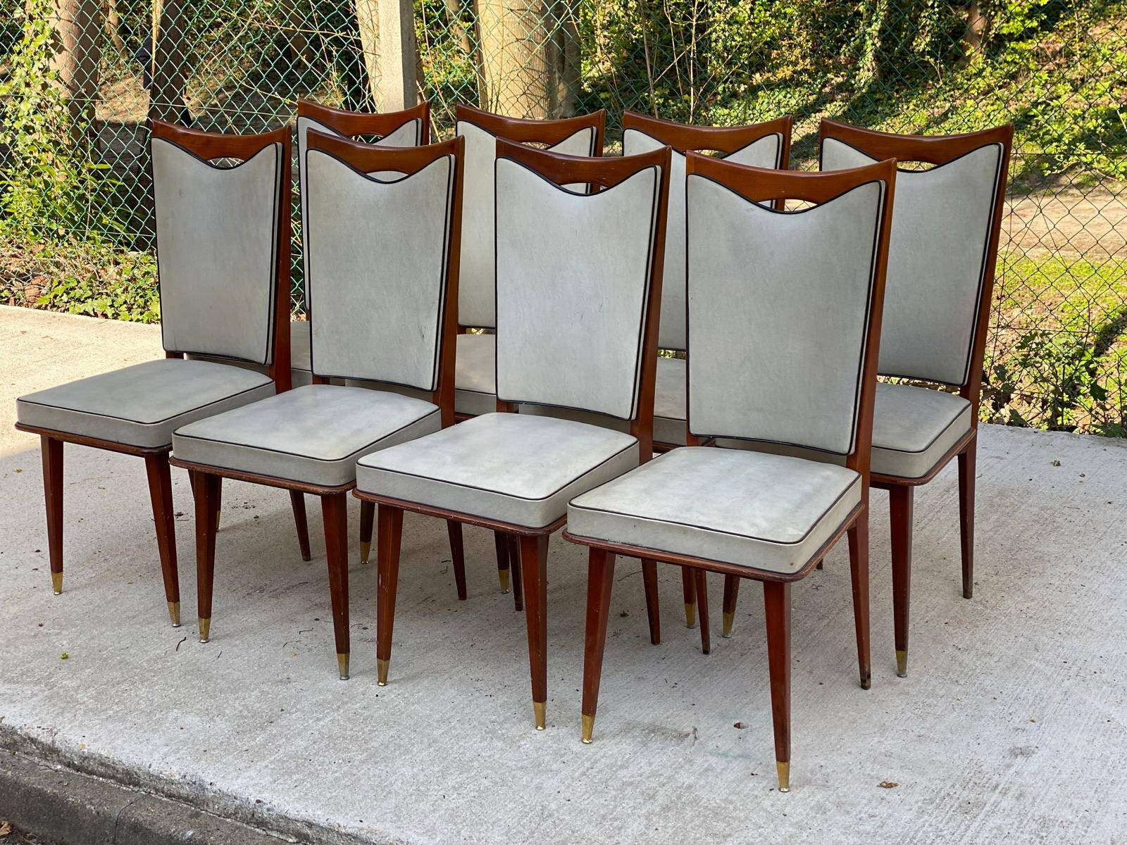 8 chaises scandinaves style italien 1950 bois et cuir blanc