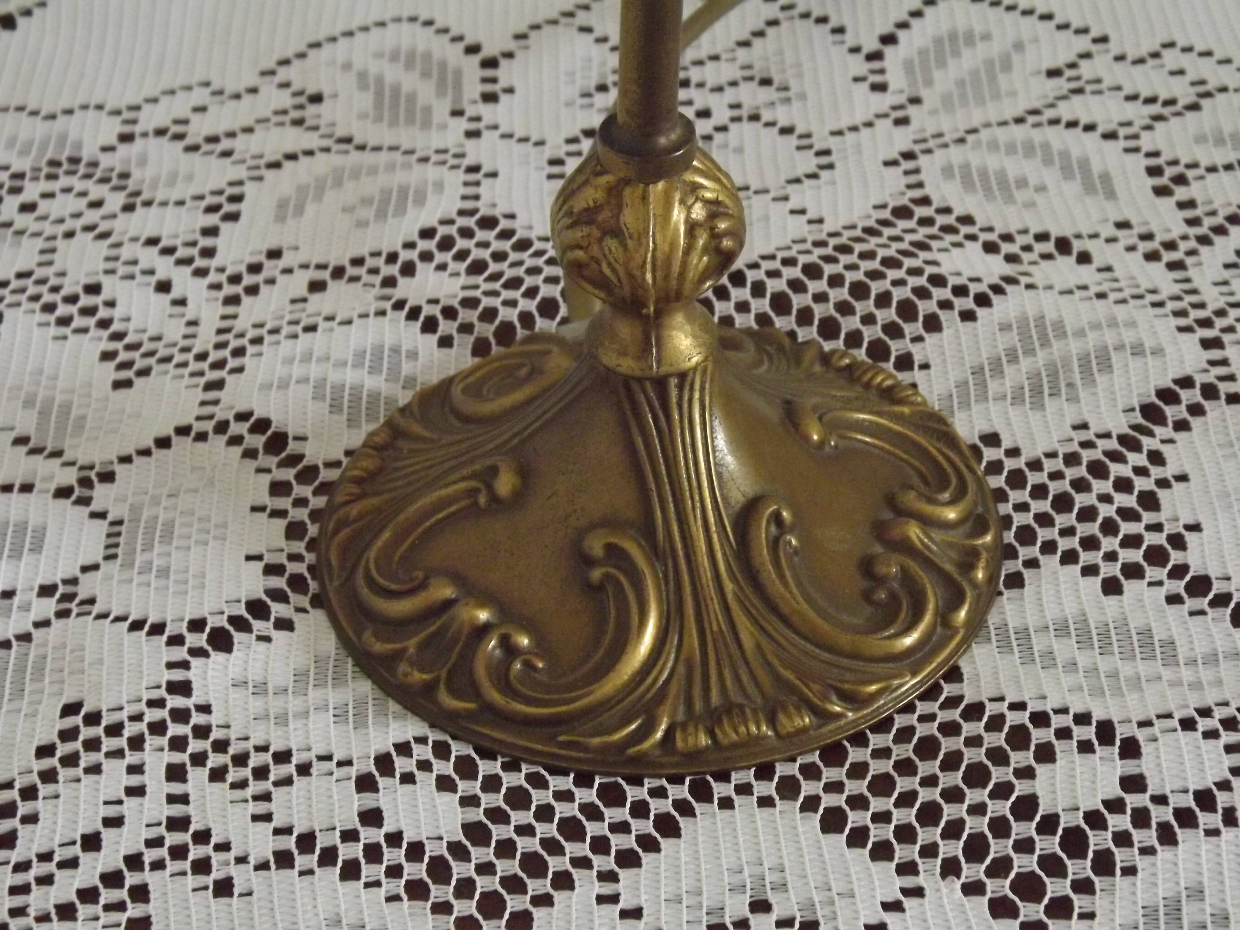 French Art Nouveau Brass Goose Neck Table Lamp White & Pink Glass Shade