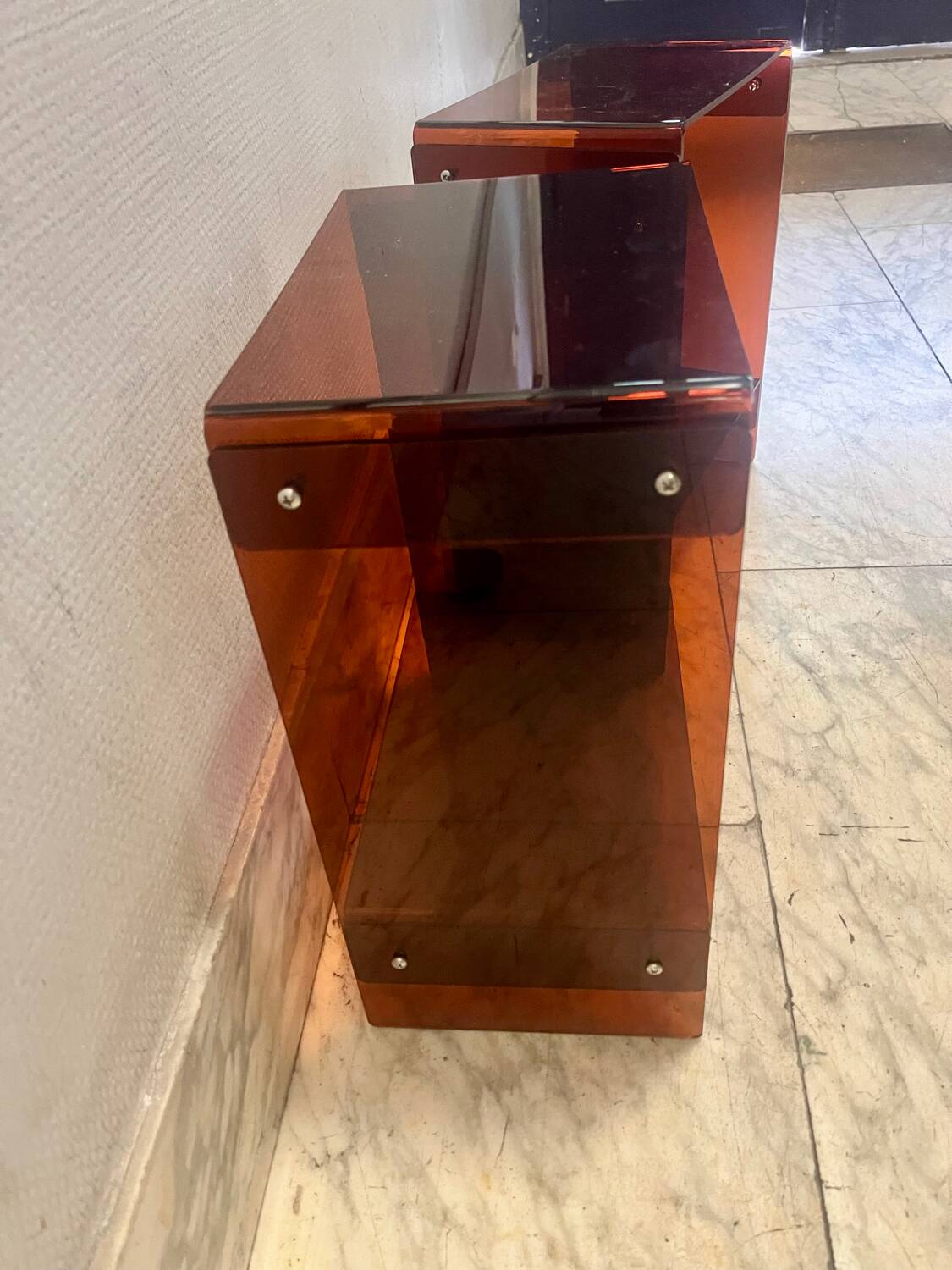 Pair of vintage smoked brown plexiglass side tables