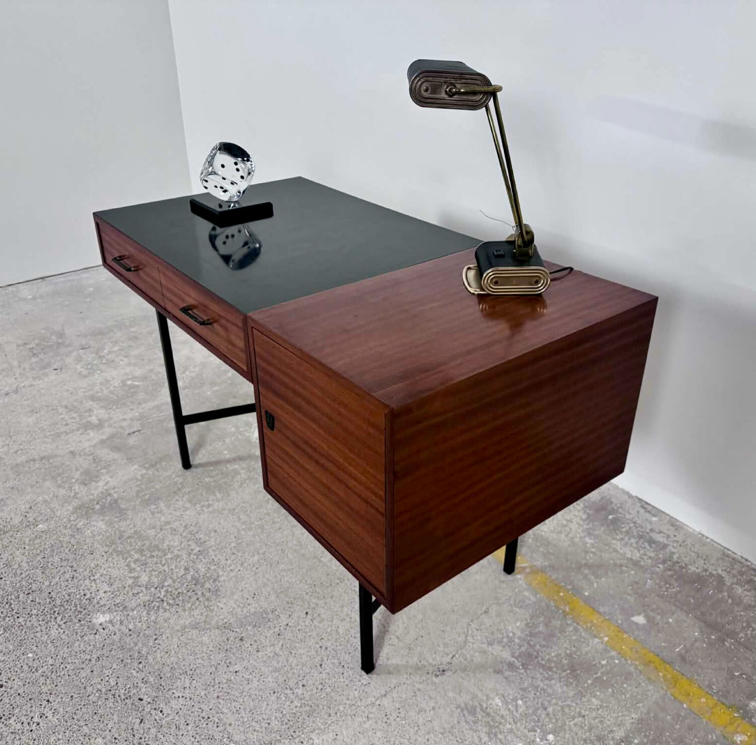French modernist desk from the 1950s with 2 drawers, 1 cabinet, and 1 container.