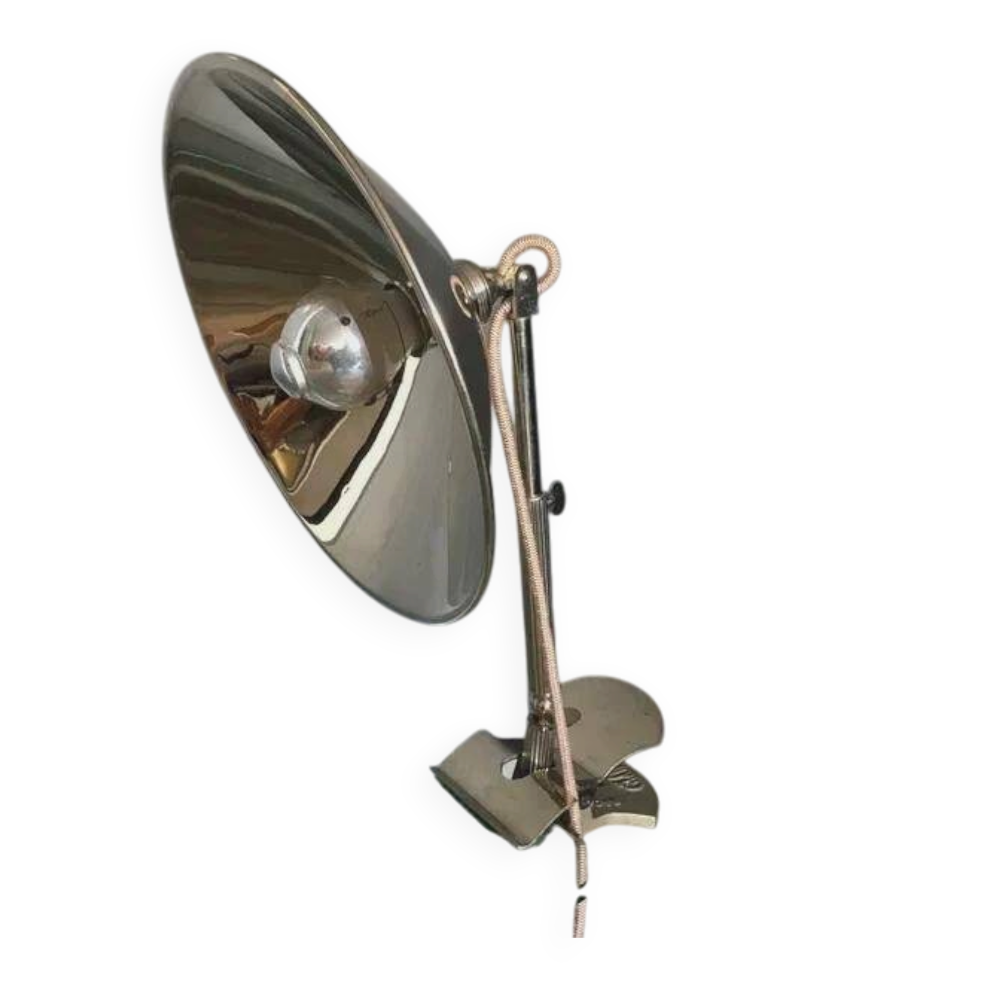 Glory industrial clamp lamp, chrome reflector shade, Germany, 1950s