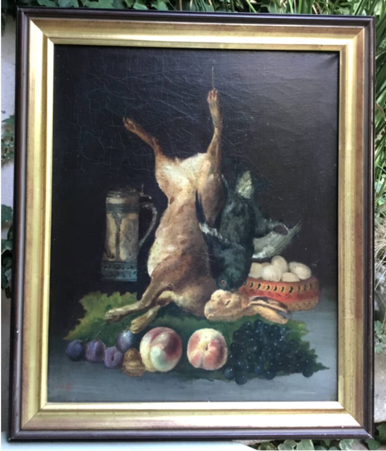 École française.huile sur toile encadrée.nature morte au lièvre