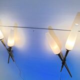 Pair of double crossed brass and opaline sconces, Maison Arlus, France, Mid-Century