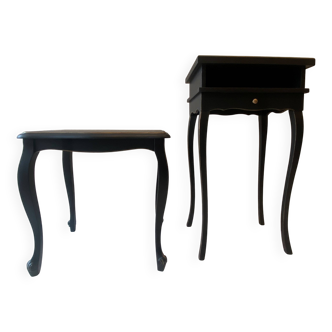 Duo de tables d'appoint vintage relookées - Noir mat et détails dorés