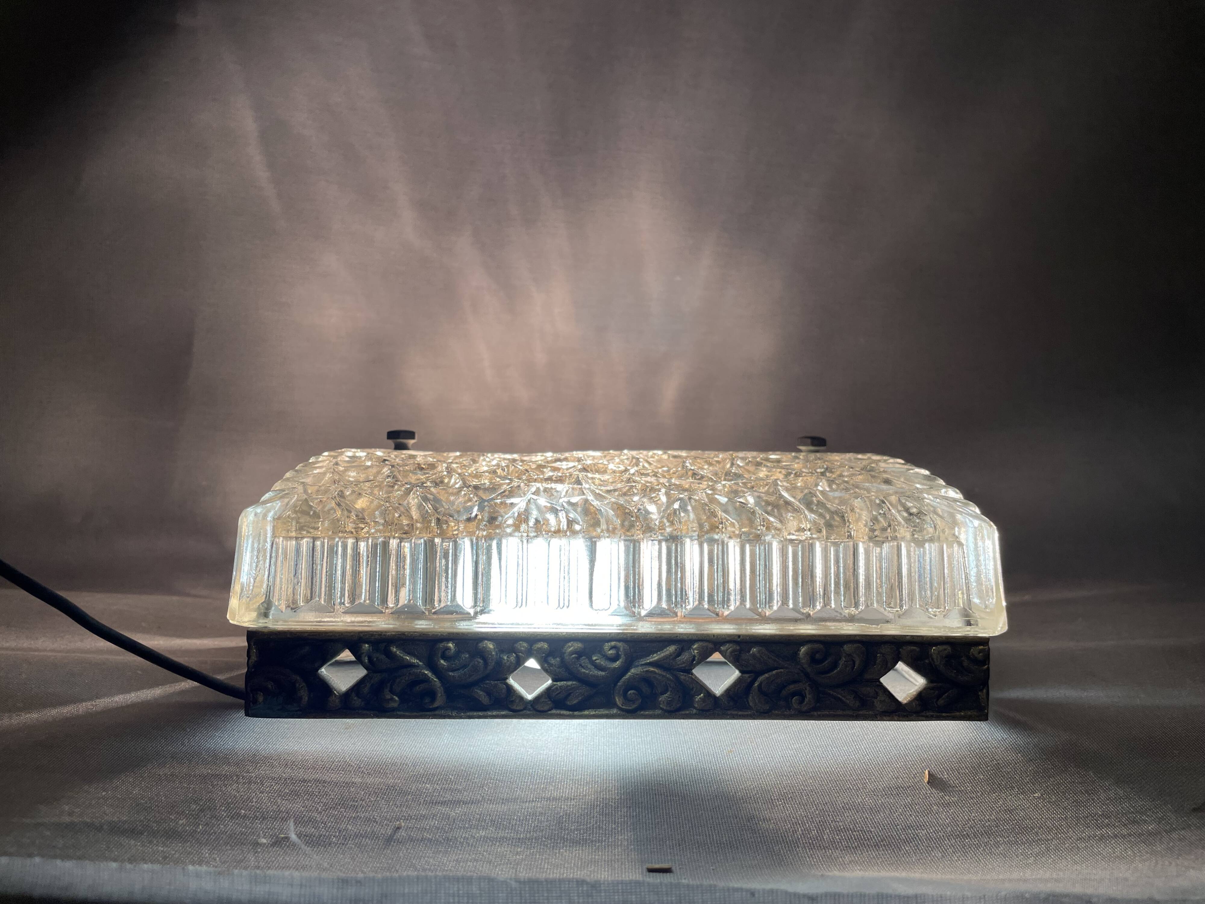 Square glass and bronze flush mount lamp, 1960s