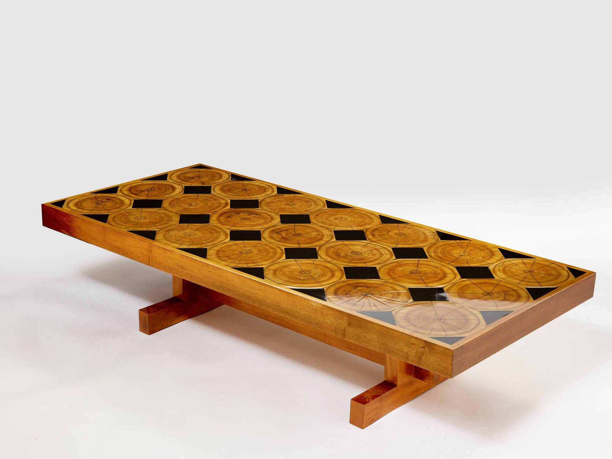 Large modernist coffee table in oak petrified wood slate 1960Large modernist coffee table in oak