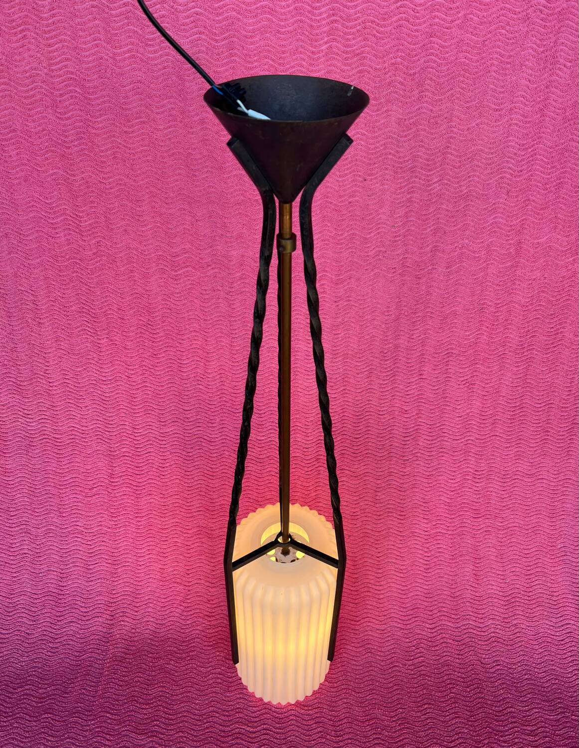 LAMP/IRON SUSPENSION FORGED OPAQUE WHITE GLASS CYLINDRICAL TUBE