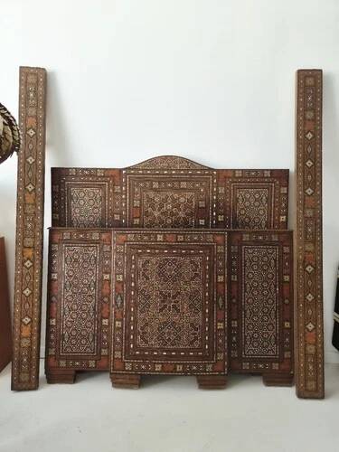 Antique Art Deco Bed Middle Eastern Damascene Inlaid Mother of Pearl Mosaic