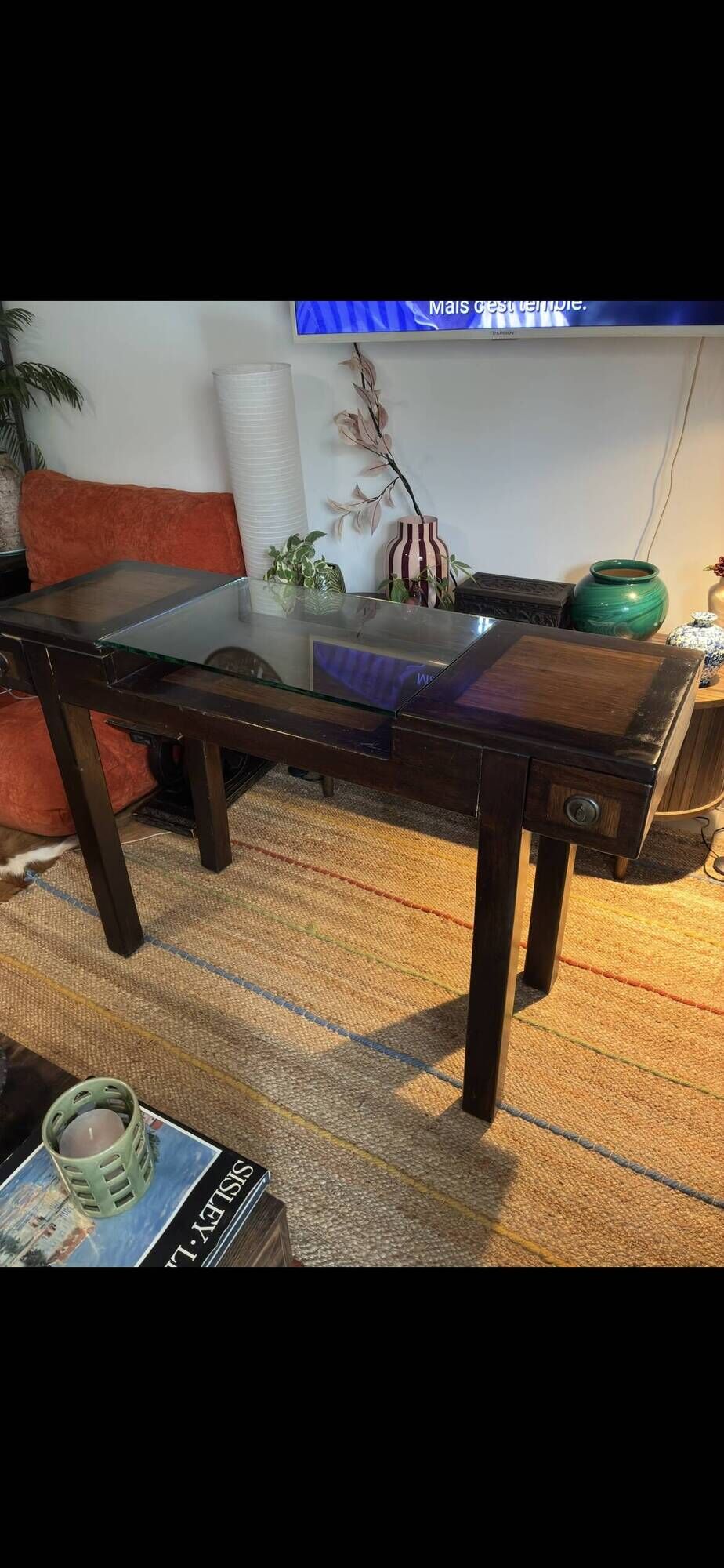 Console table / Display cabinet in exotic wood and glass – Colonial Style