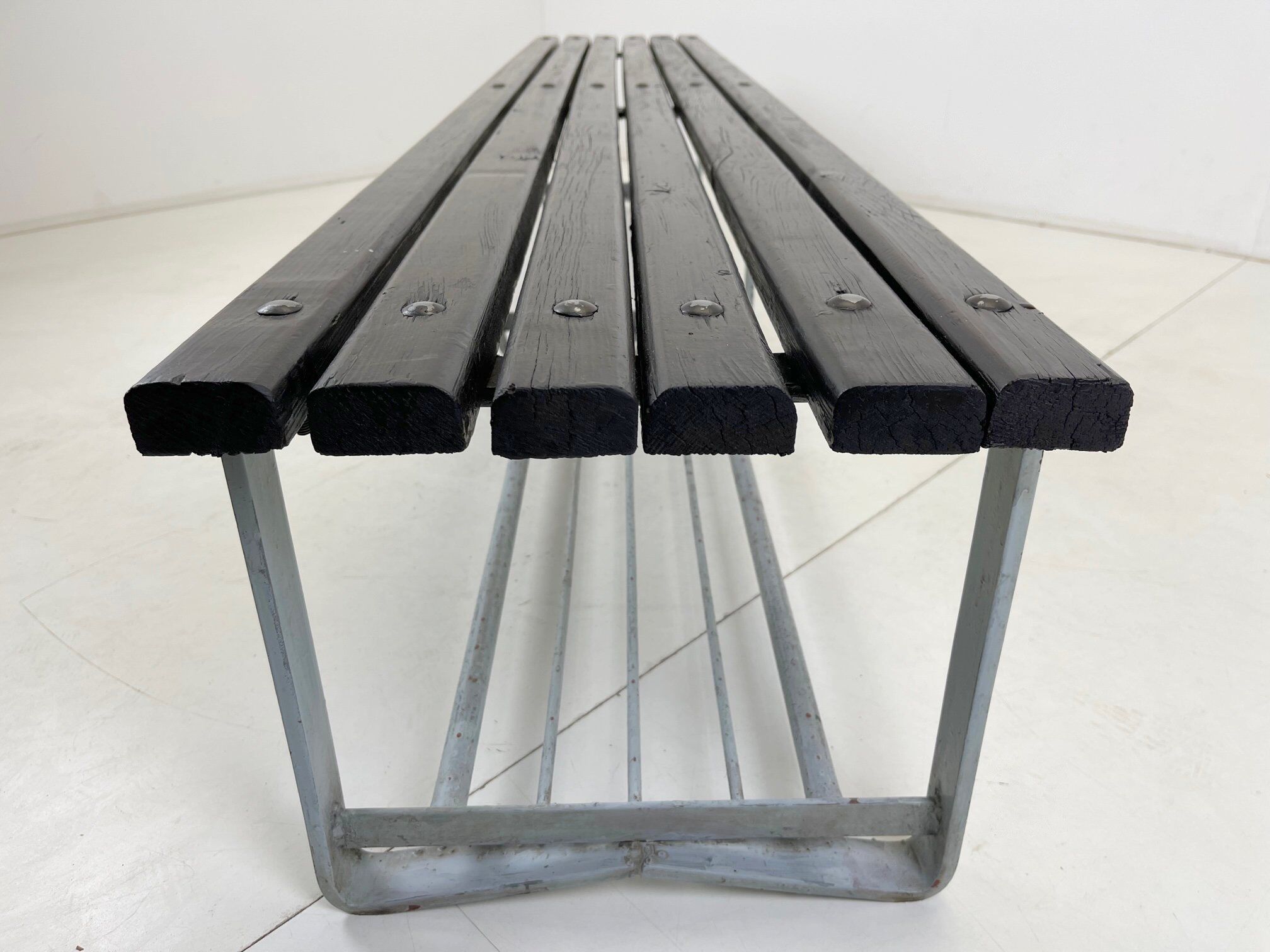 Vintage industrial metal & wood slatted bench, 1950's