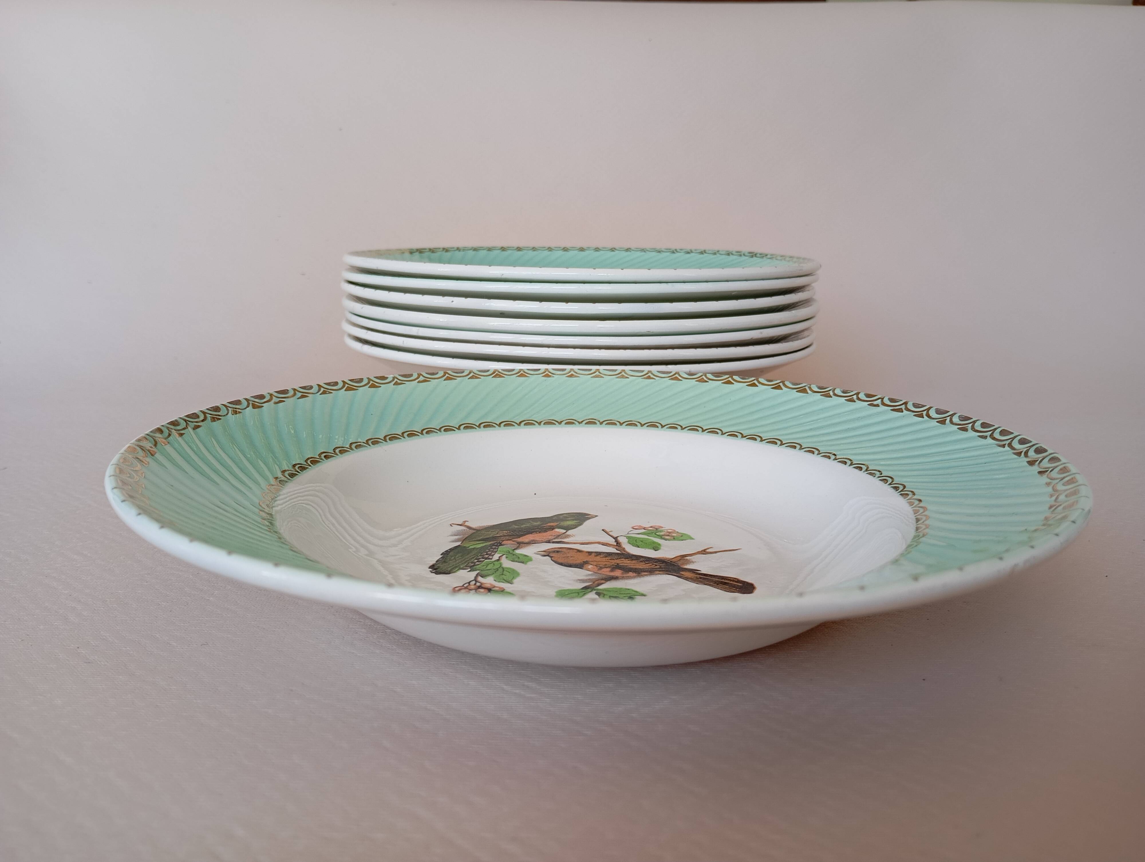 8 soup plates Fenal Badonviller "Birds" vintage 1950s