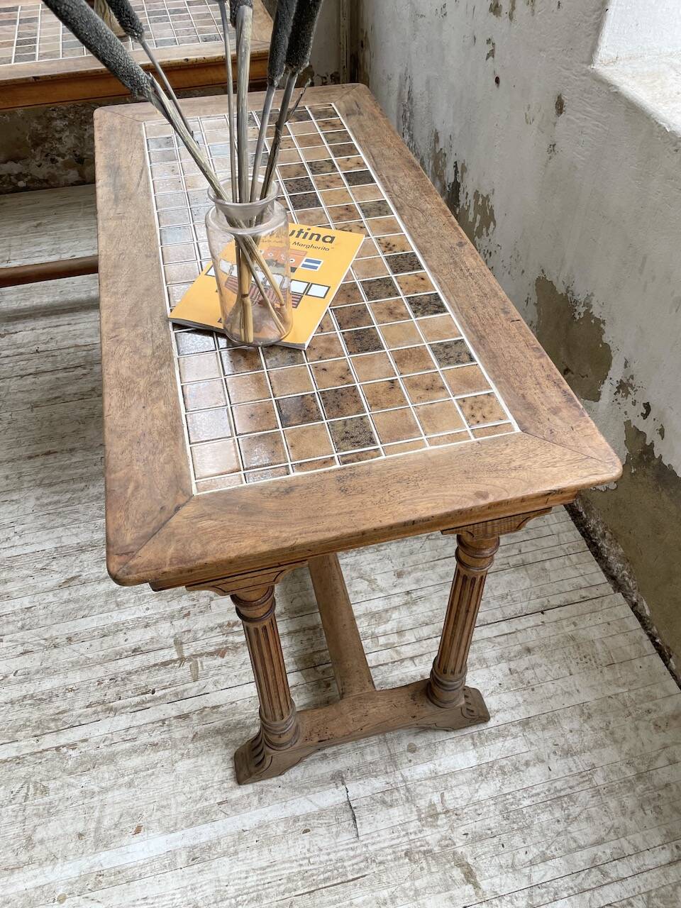 Set of two bistro tables in walnut and tiling from 1890.