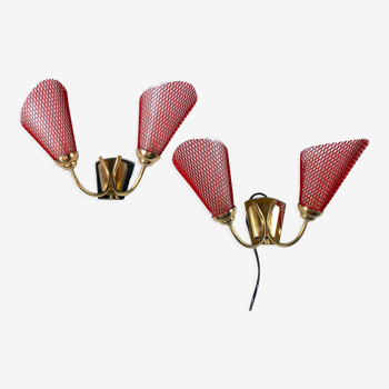 Pair of wall lamp, brass and red perforated metal, France
