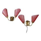 Pair of wall lamp, brass and red perforated metal, France