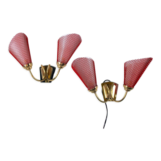 Paire d'appliques laiton et metal perforé rouge, France