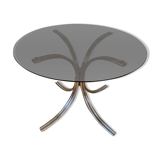 Table ronde en métal et verre fumé années 70