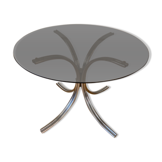 Round table in metal and smoked glass 70s