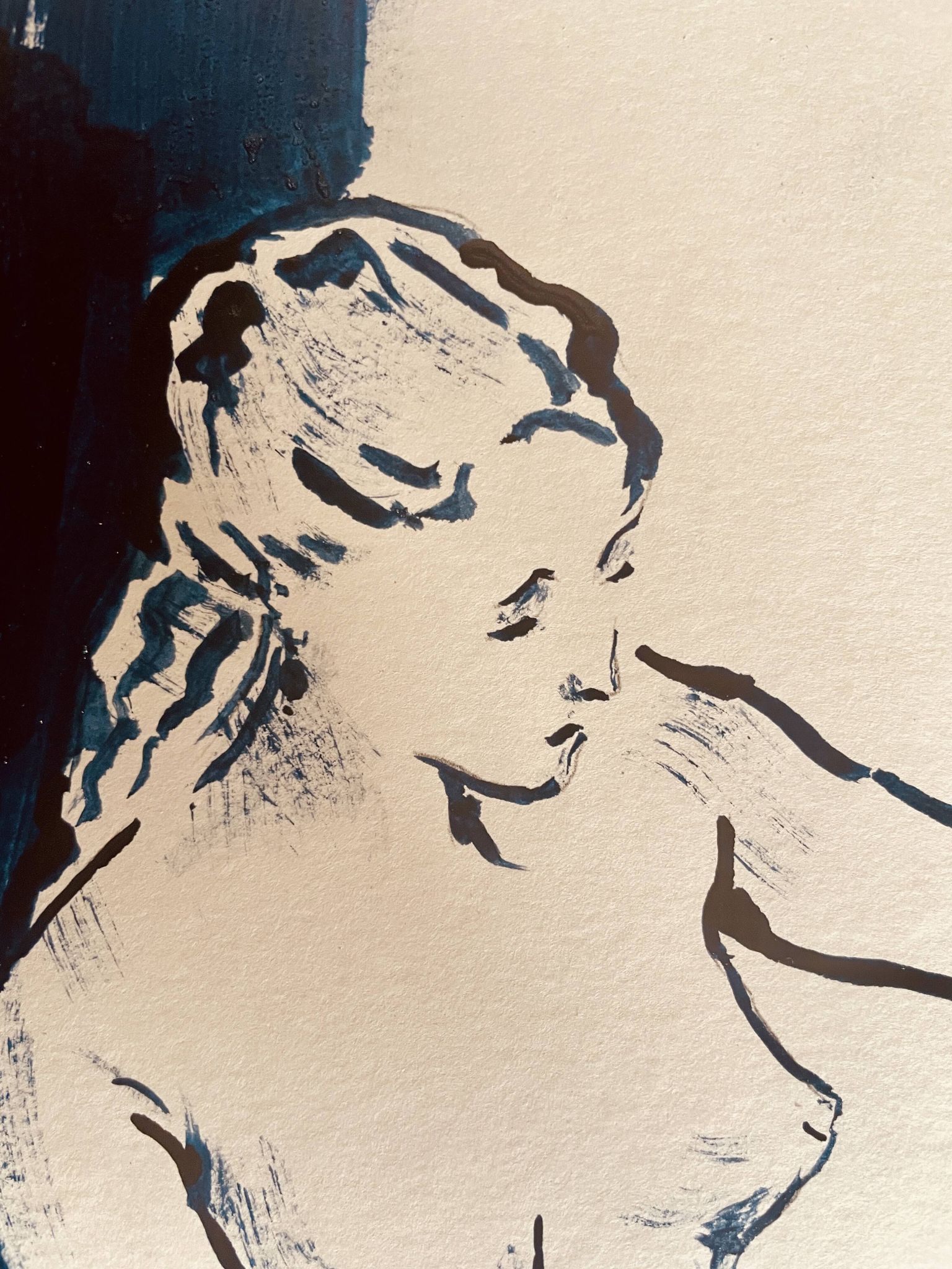 Painting in indigo blue "female model drawing in the studio"